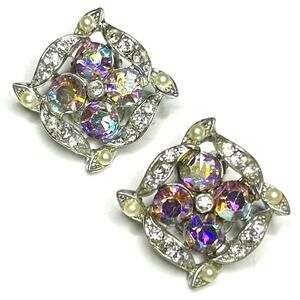 Vintage Earrings AB PINK Rhinestone Clip Earrings Vtg F023
